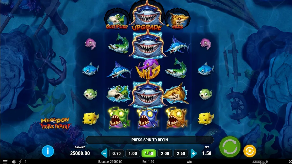 Tampilan visual slot Megadon Triple Threat dengan tema hiu di bawah laut