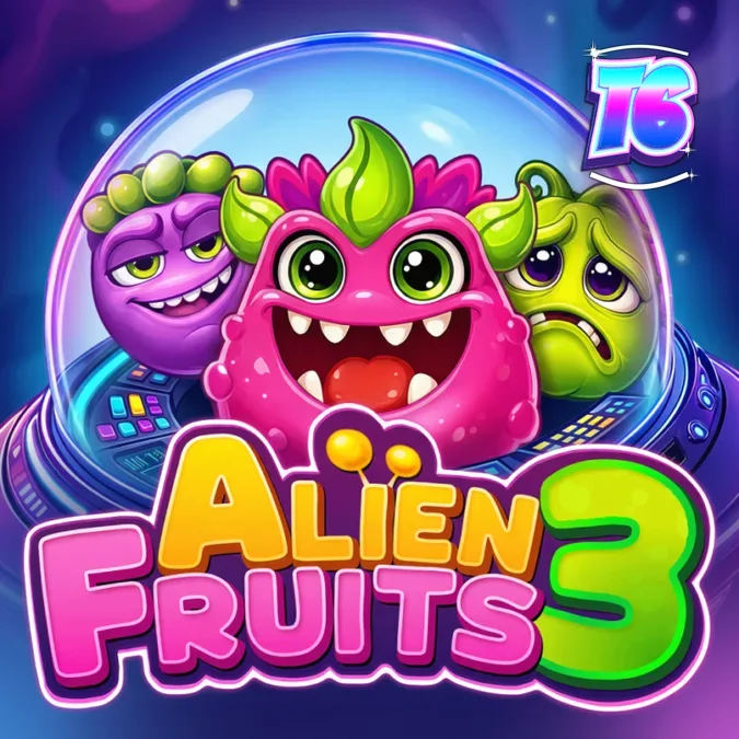 Tampilan antarmuka seluler Alien Fruits 3 yang menampilkan grid 6x5 dan desain penuh warna.